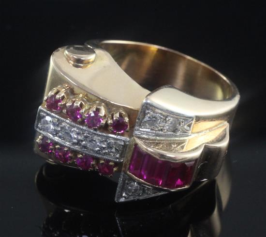 A 1940/50s gold, diamond and synthetic ruby cocktail ring, size O.